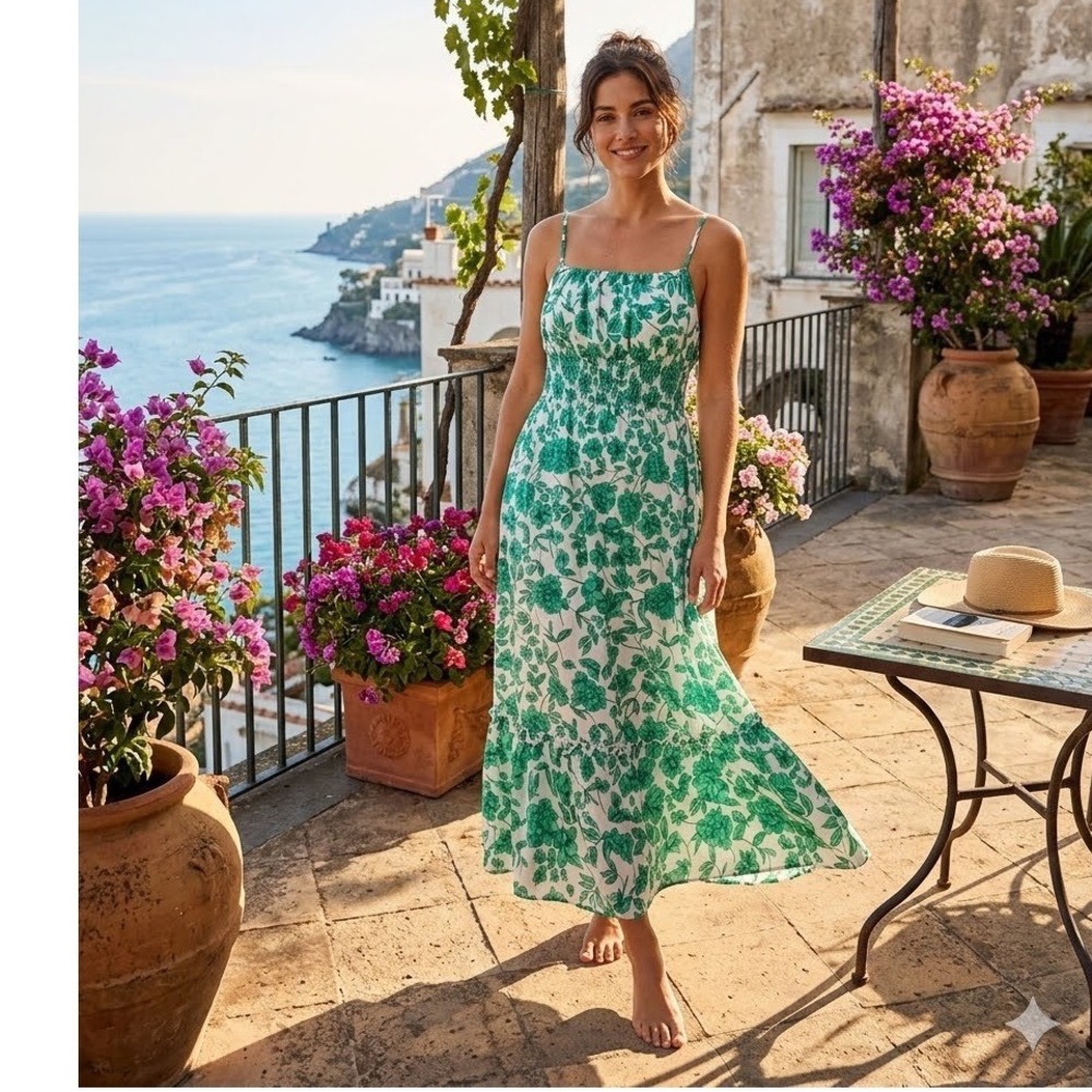 Grace Karin Green Floral Smocked Maxi Dress Sleeveless Summer Tiered Large